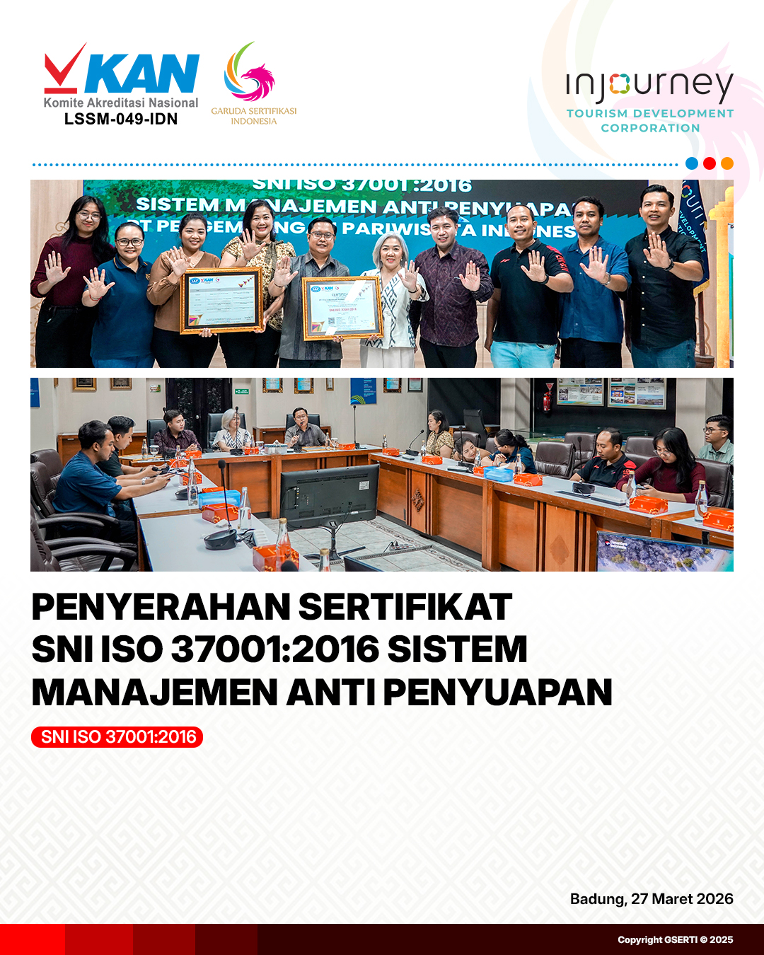 Penyerahan Sertifikat SNI ISO 37001:2016 pada ITDC
