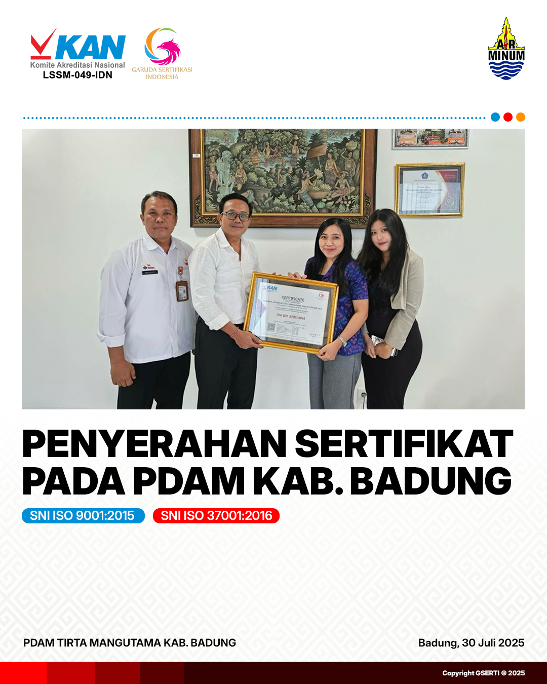 Penyerahan Sertifikat SNI ISO 9001 dan 37001 pada PDAM Kab. Badung